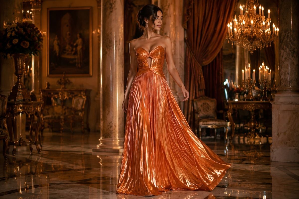 Metallic orange pleated prom gown editorial