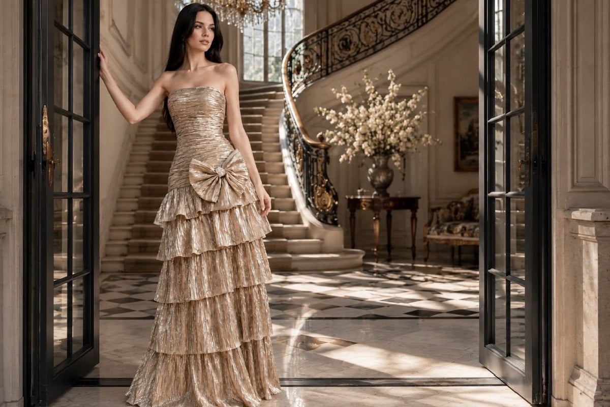 Metallic tiered strapless formal gown in luxury mansion