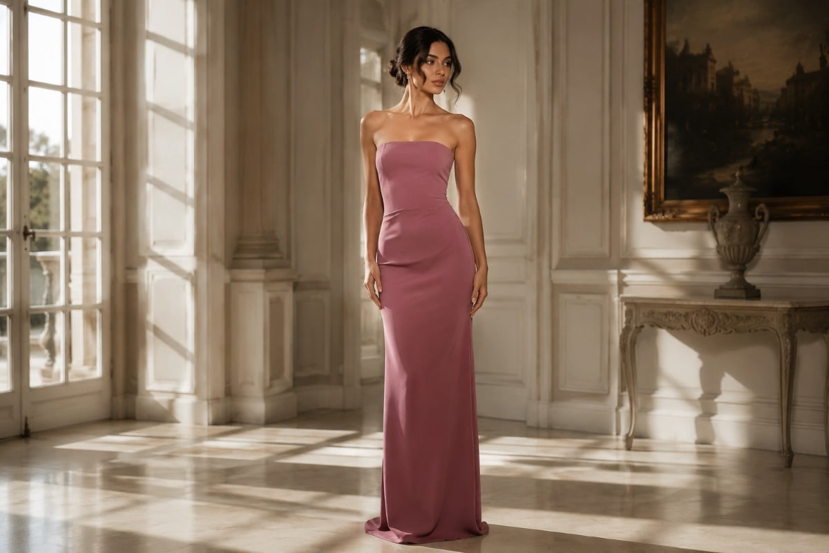 Minimal strapless jersey prom gown editorial look