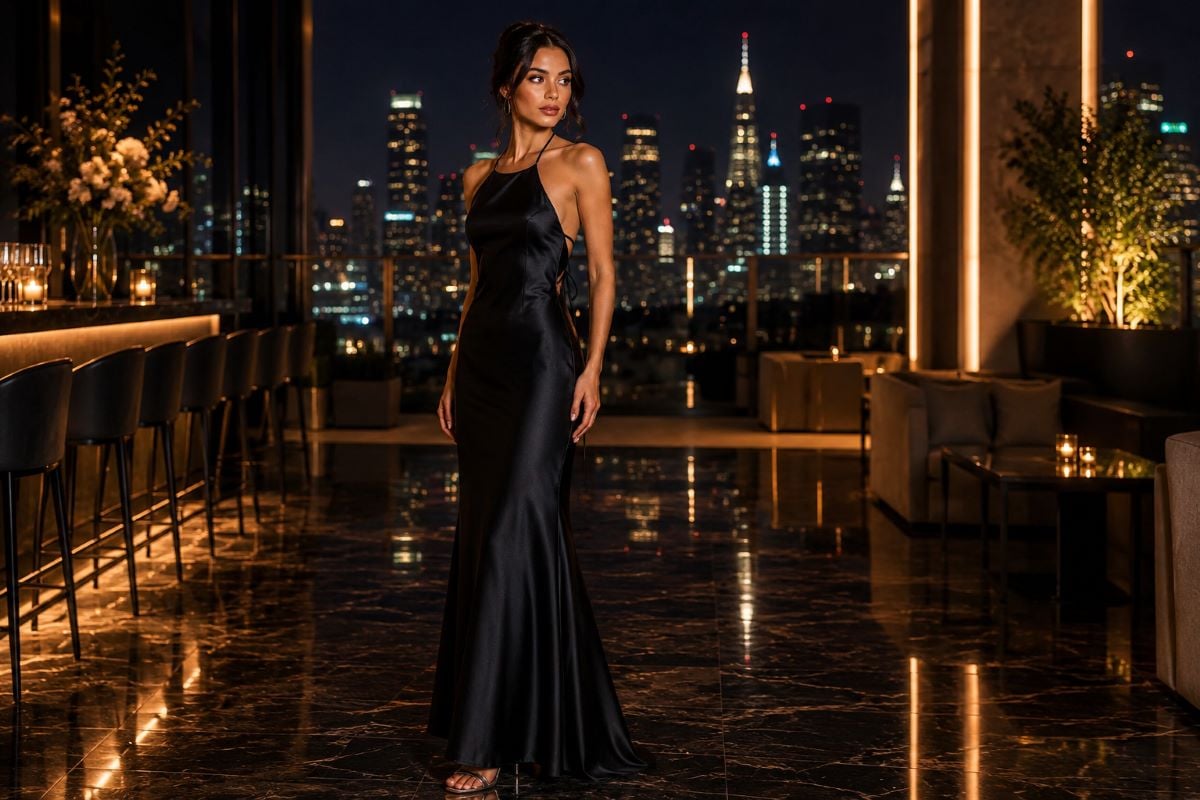 Minimalist black satin evening gown for rooftop formal celebration