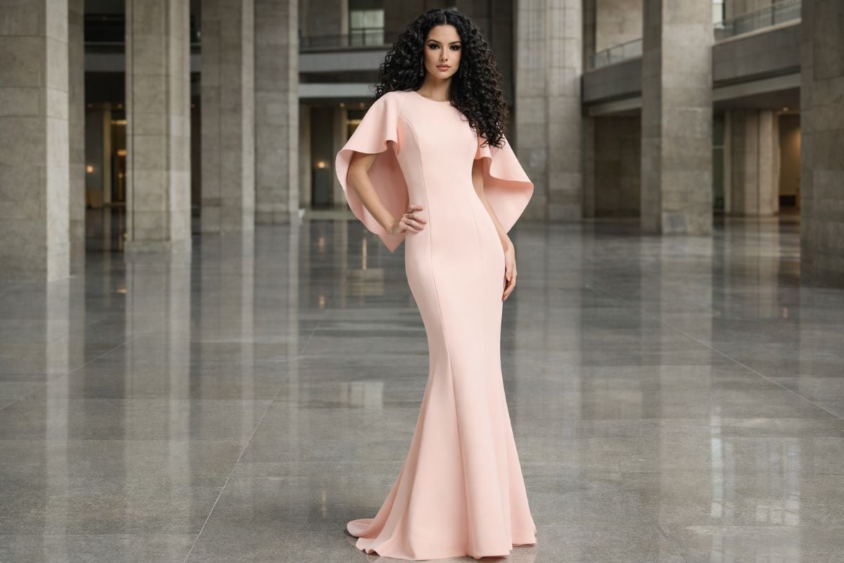 Blush pink minimalist evening gown with cape sleeves