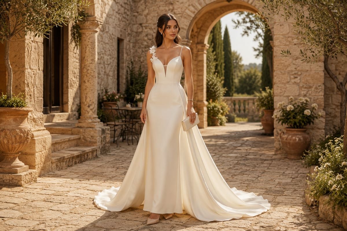 Woman in minimalist ivory column gown with luxury destination wedding accessories