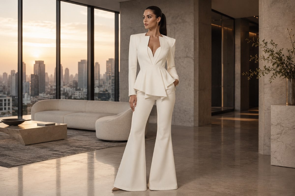 Minimalist ivory bridal pantsuit with peplum jacket