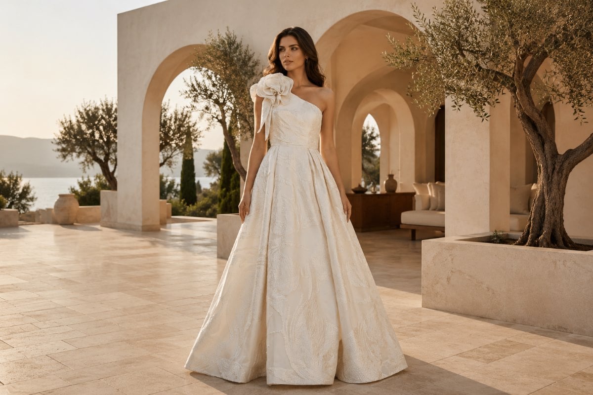 Minimalist ivory one shoulder bridal ball gown