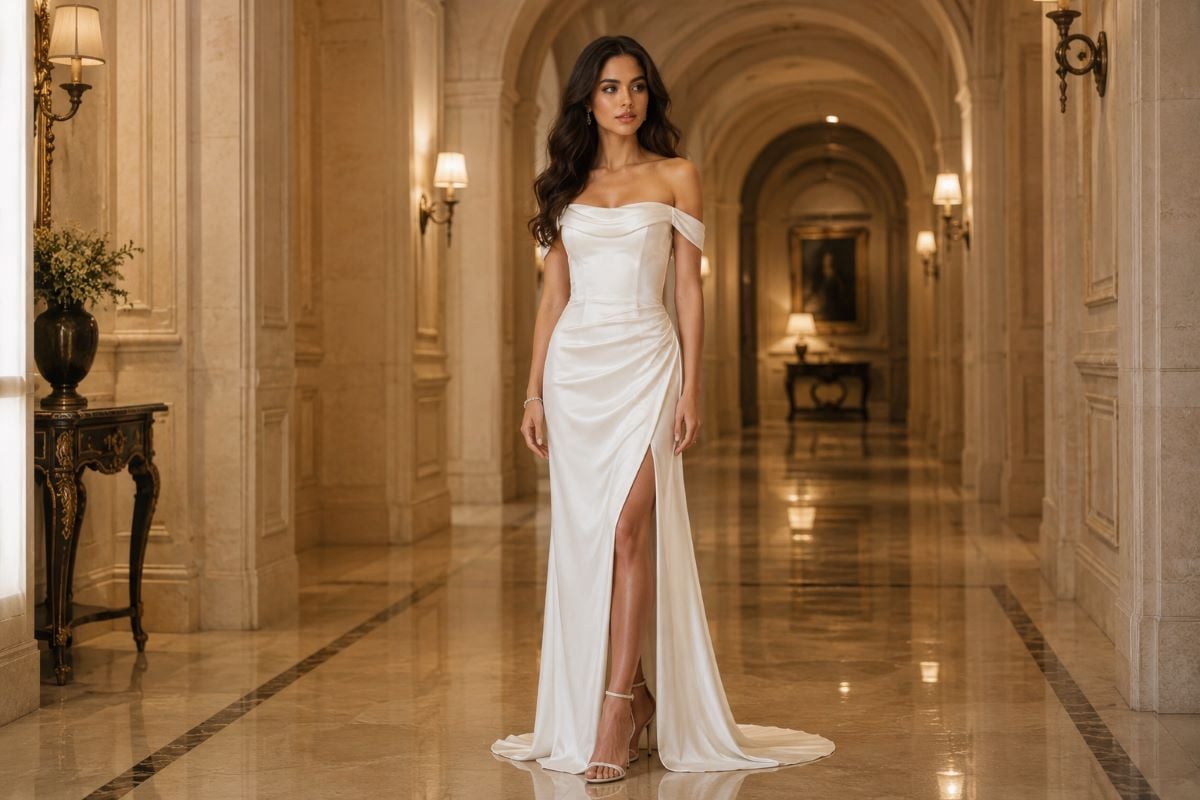 Minimalist off shoulder satin bridal gown