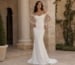 Minimalist off shoulder wedding dress with sheer embroidered sleeves