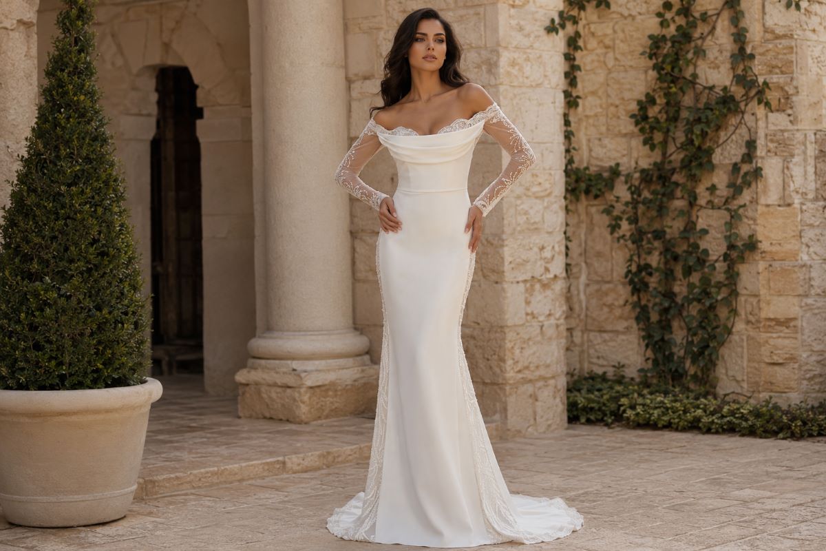 Minimalist off shoulder wedding dress with sheer embroidered sleeves