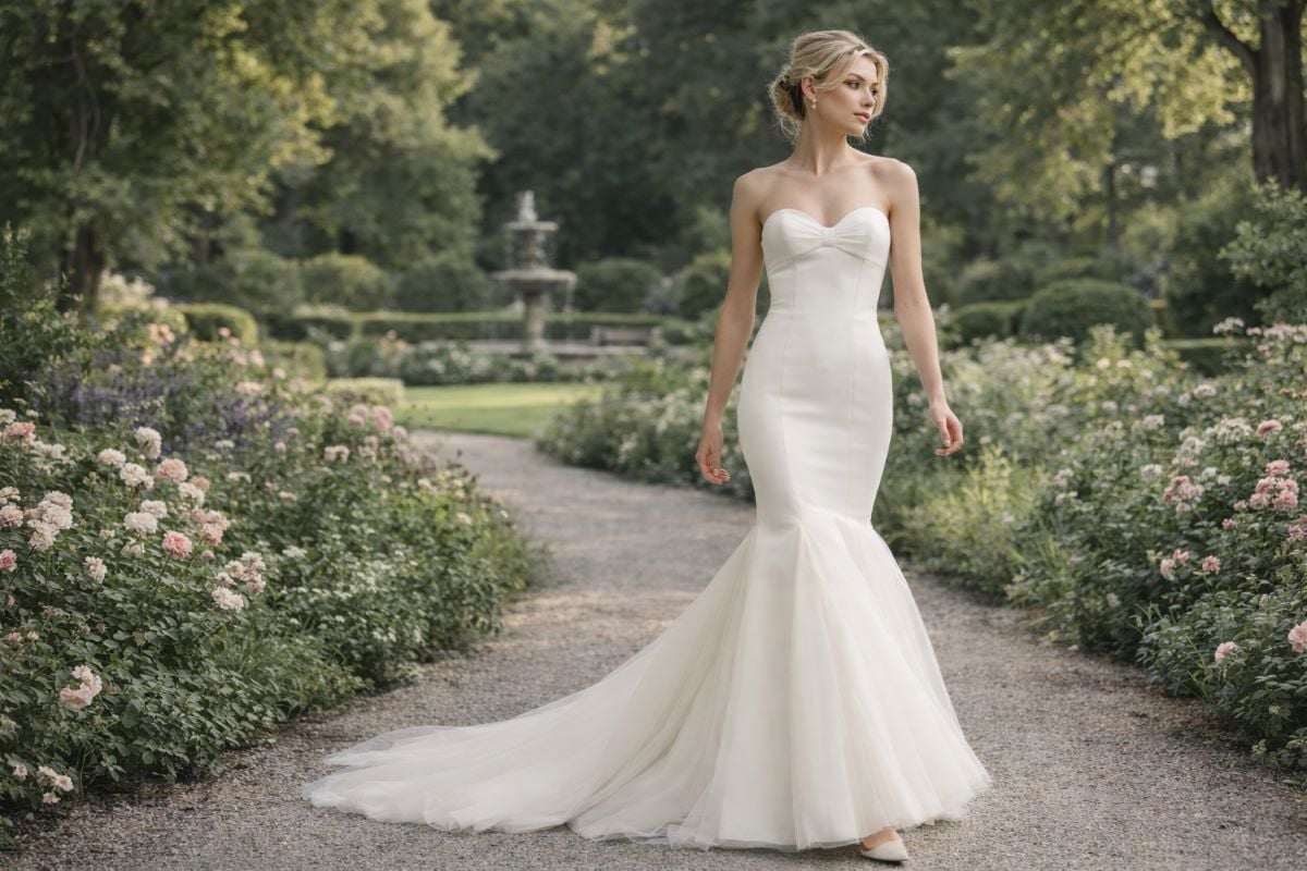 Strapless ivory mermaid wedding dress with tulle skirt