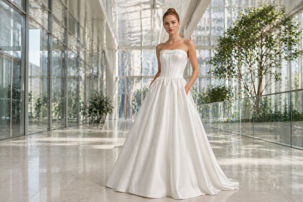 strapless minimalist wedding dress styling look