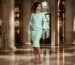 Mint aqua long sleeve cocktail dress editorial fashion model