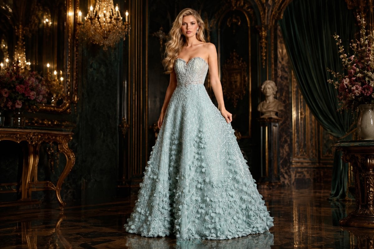 Elegant mint crystal embellished ball gown