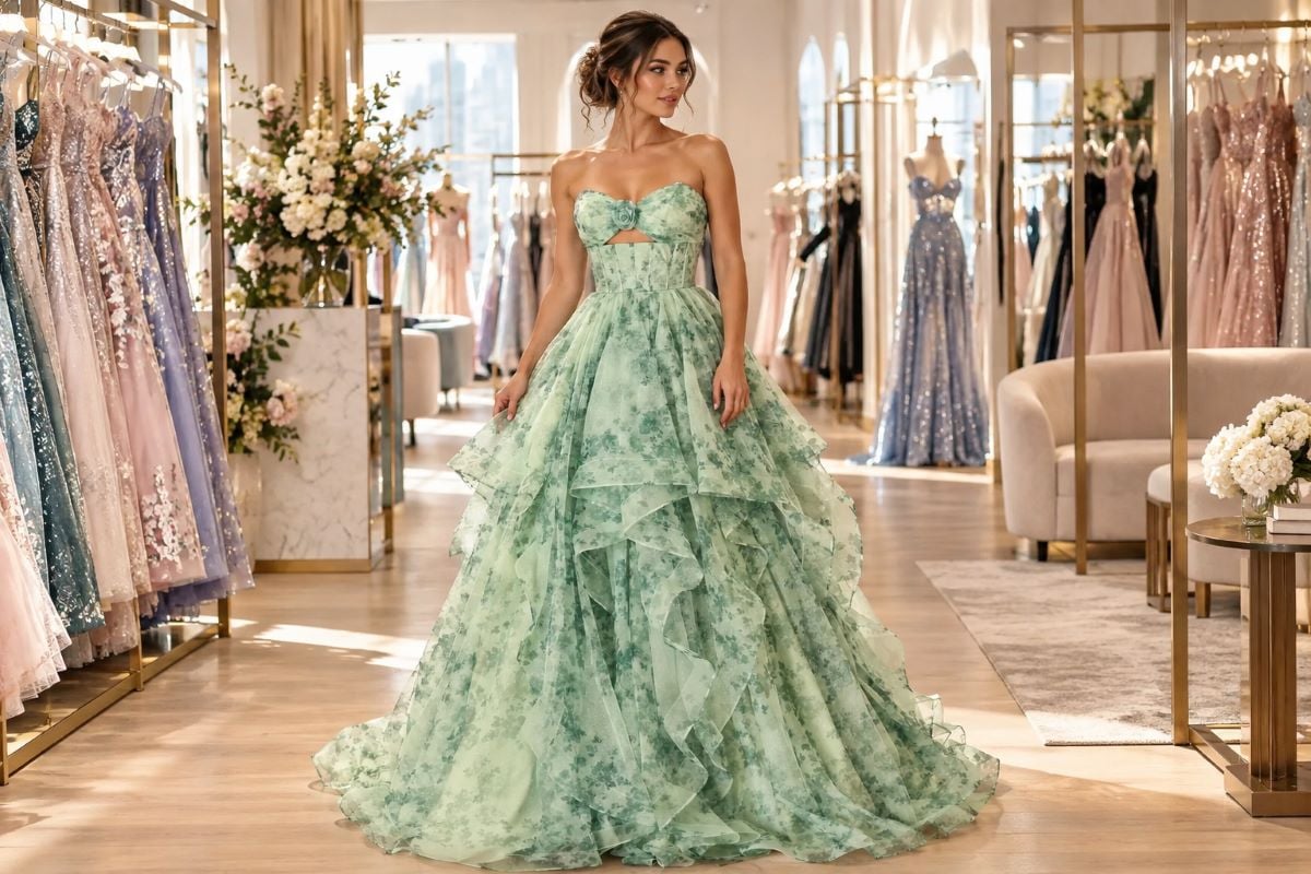 Mint floral prom gown luxury showroom