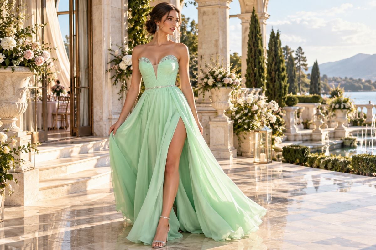 Mint flowing prom dress in motion
