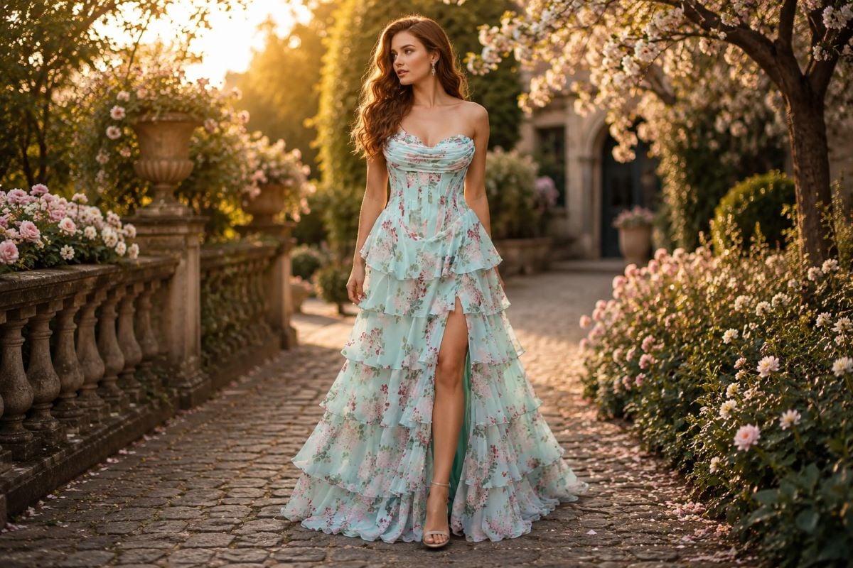Mint green floral tiered ruffle prom dress in garden