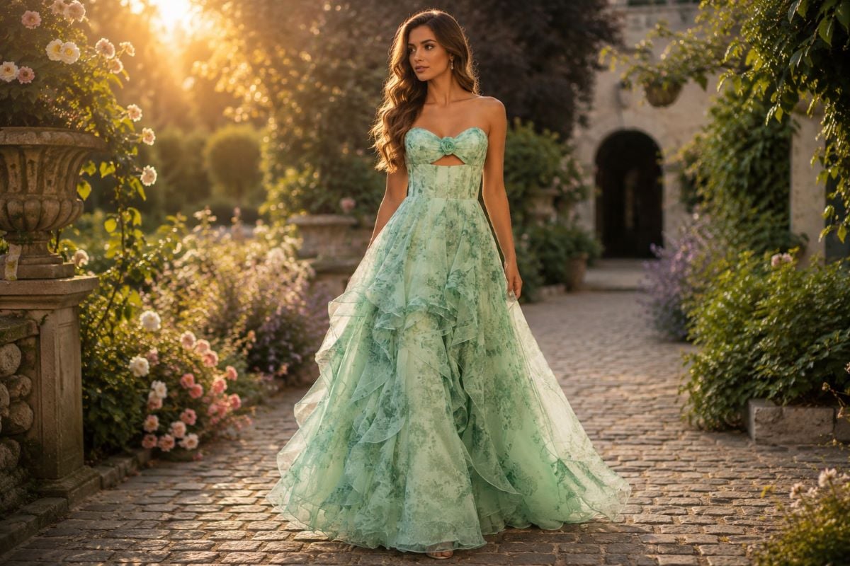 Mint green partial tiered A-line gown in sunlit garden