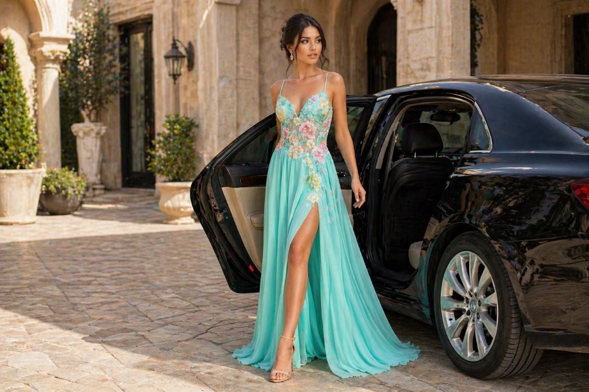 mint green floral appliqué prom dress stepping out of sedan