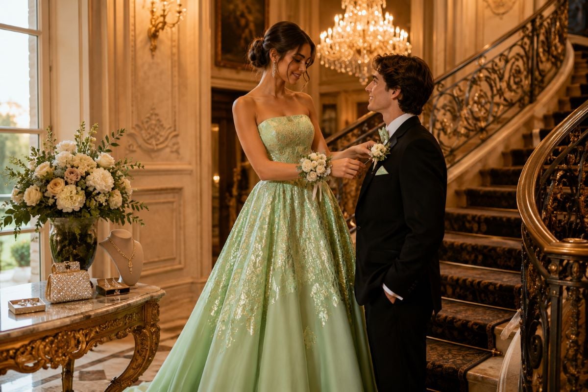 Mint green prom gown with matching boutonniere
