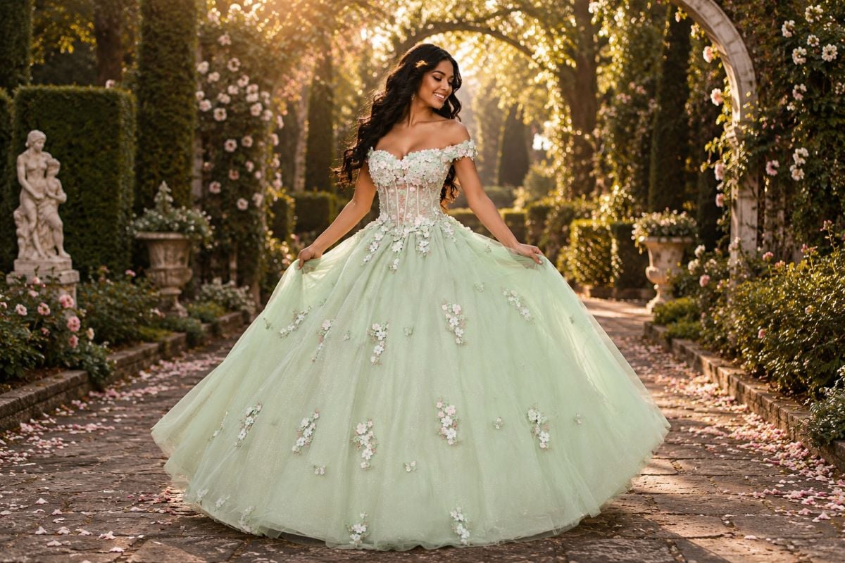 Mint green quinceañera gown in secret garden