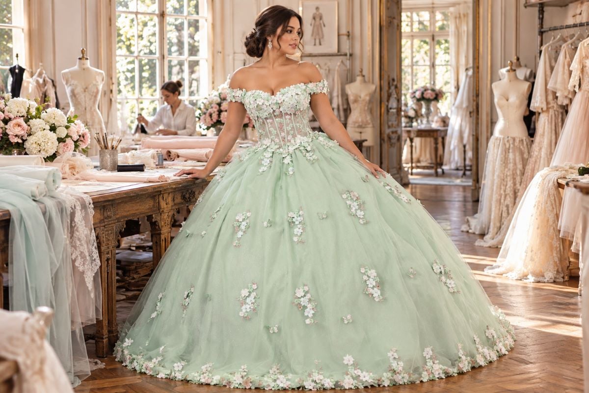 Mint plus size quinceanera corset gown
