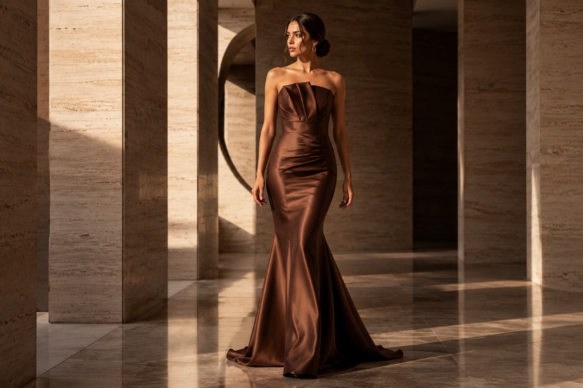 Mocha brown satin mermaid prom dress indoors