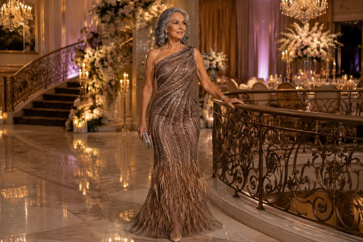 Mocha feather grandmother wedding gown editorial