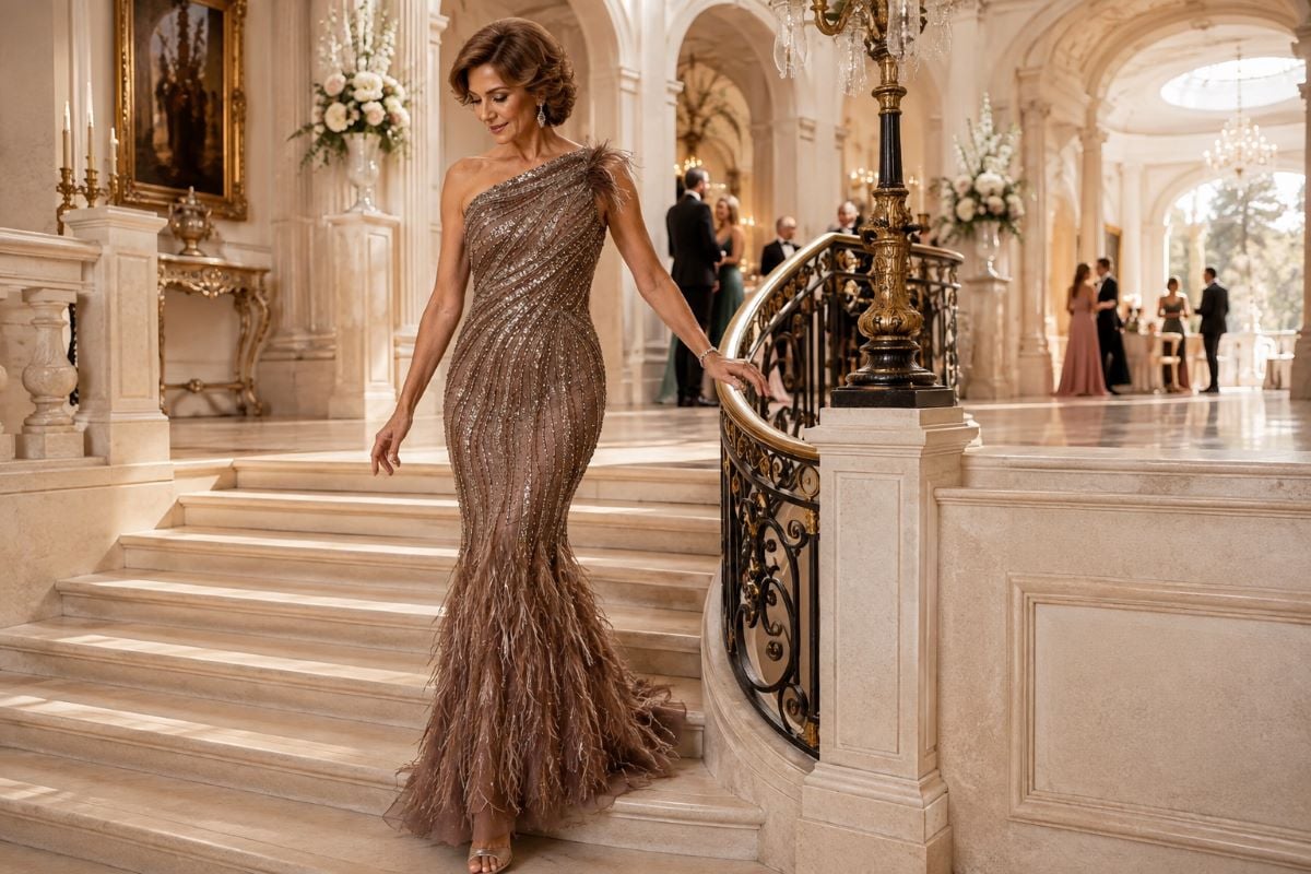 Mocha metallic grandmother wedding mermaid gown
