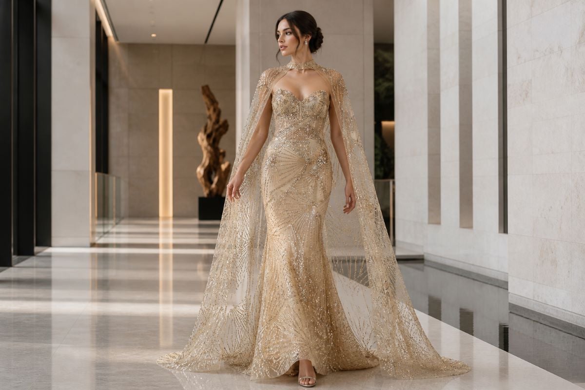 beaded evening gown with sheer cape and geometric pattern in modern interior