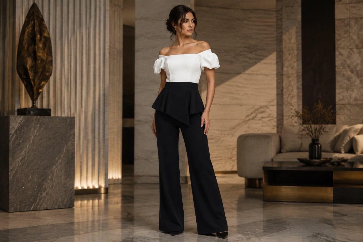 Modern black white peplum pantsuit editorial