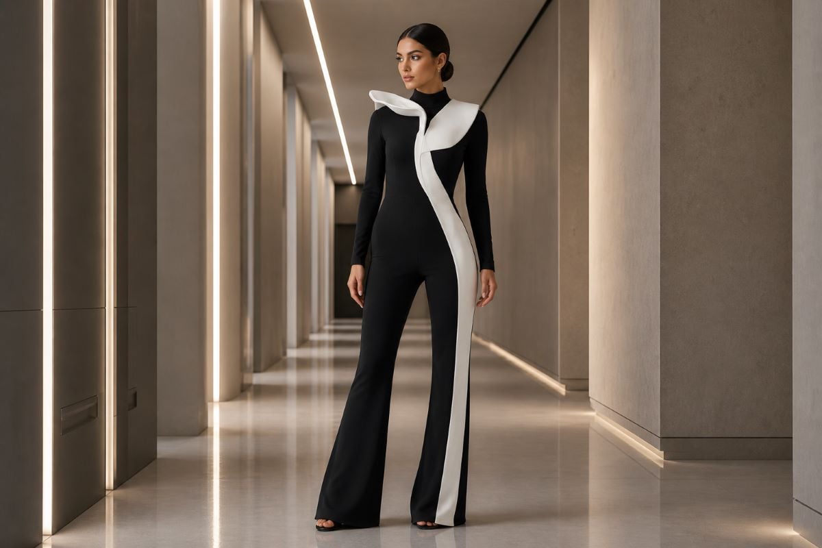 Black and white structured jumpsuit with clean architectural lines