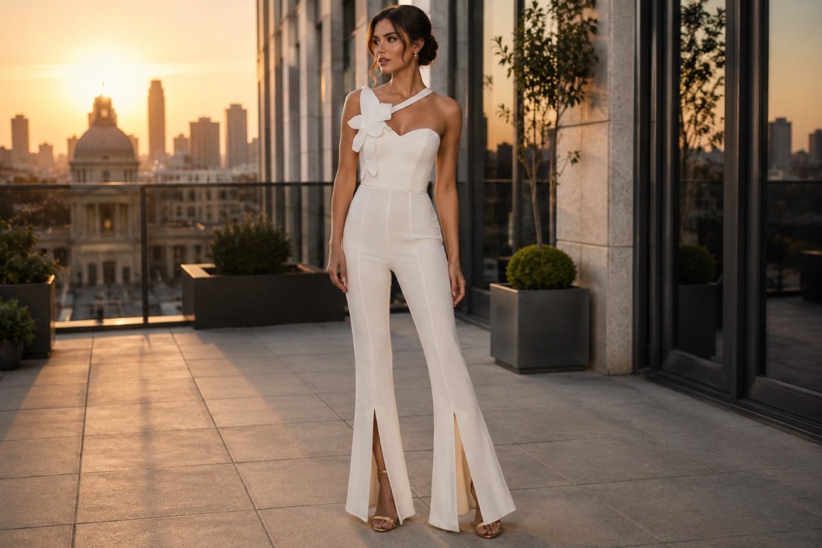 Modern bridal jumpsuit on rooftop terrace