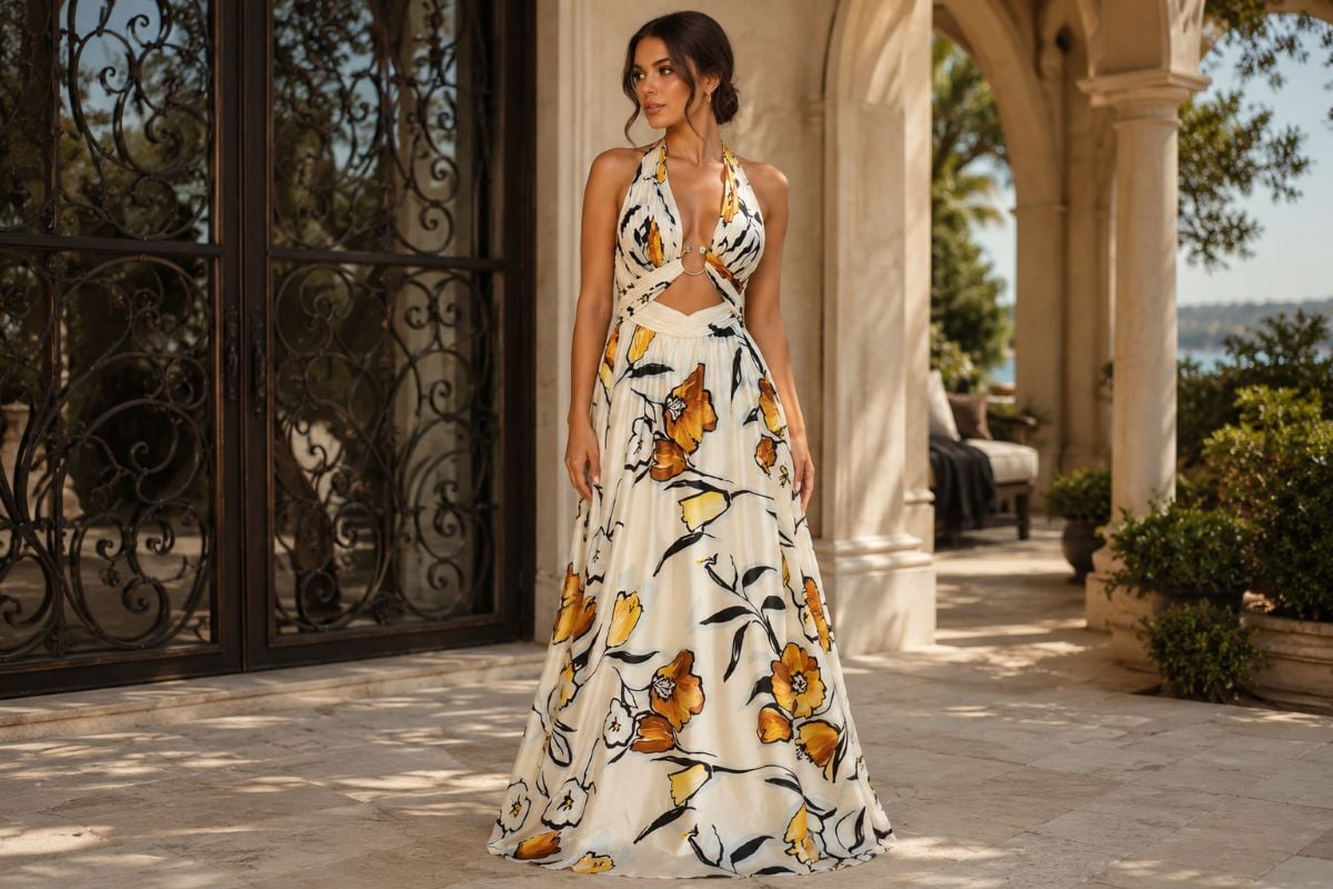 Modern floral evening dress with relaxed contemporary styling