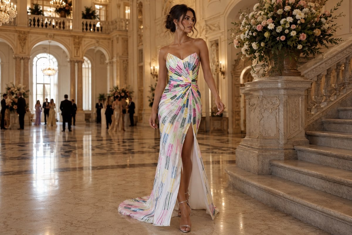 Modern embellished gown celebrating historic prom tradition