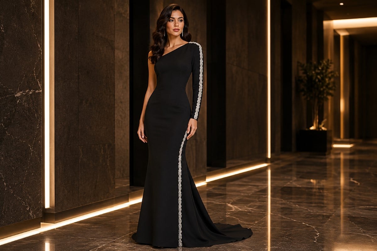 Modern minimalist black evening gown for luxury formal event