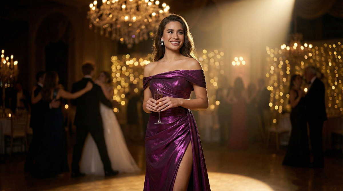 Evening style: Metallic purple mother of the bride dress at a reception party.