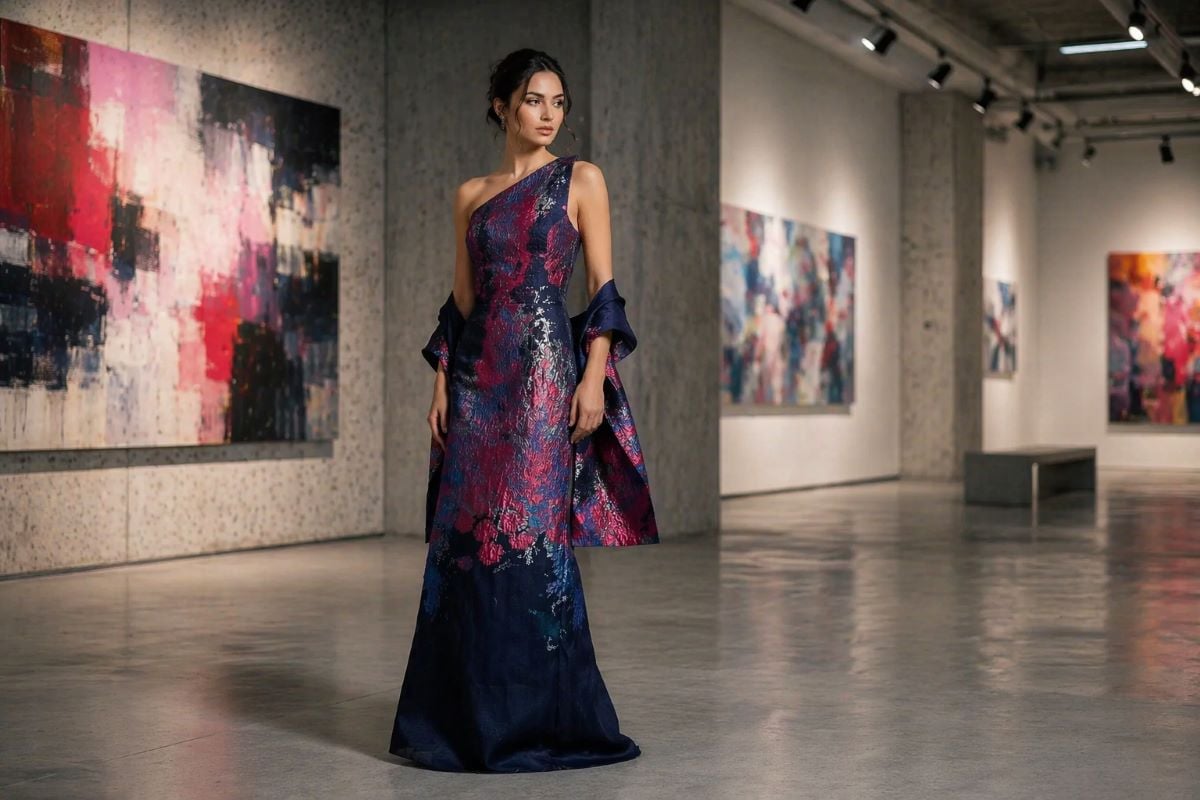 one shoulder modern evening gown