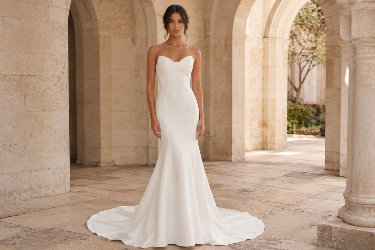 Bride in fitted flare gown with bust twist
