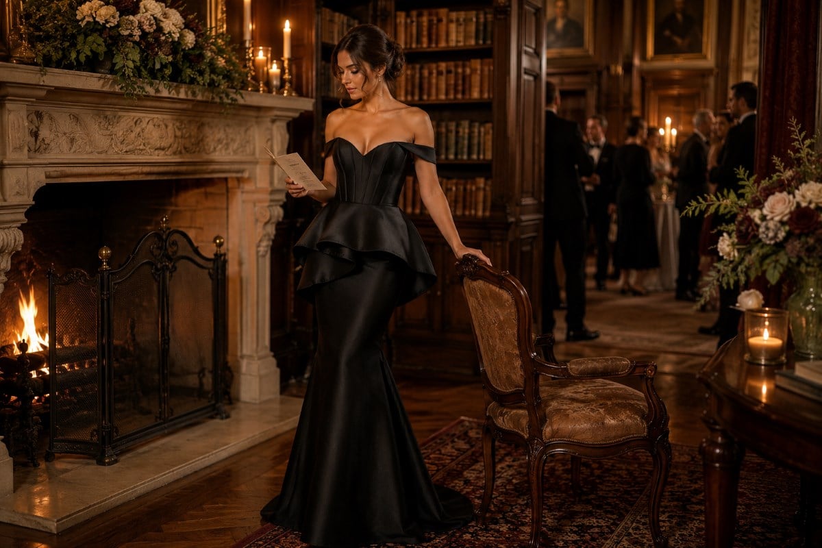 Black mermaid gown modest wedding elegance