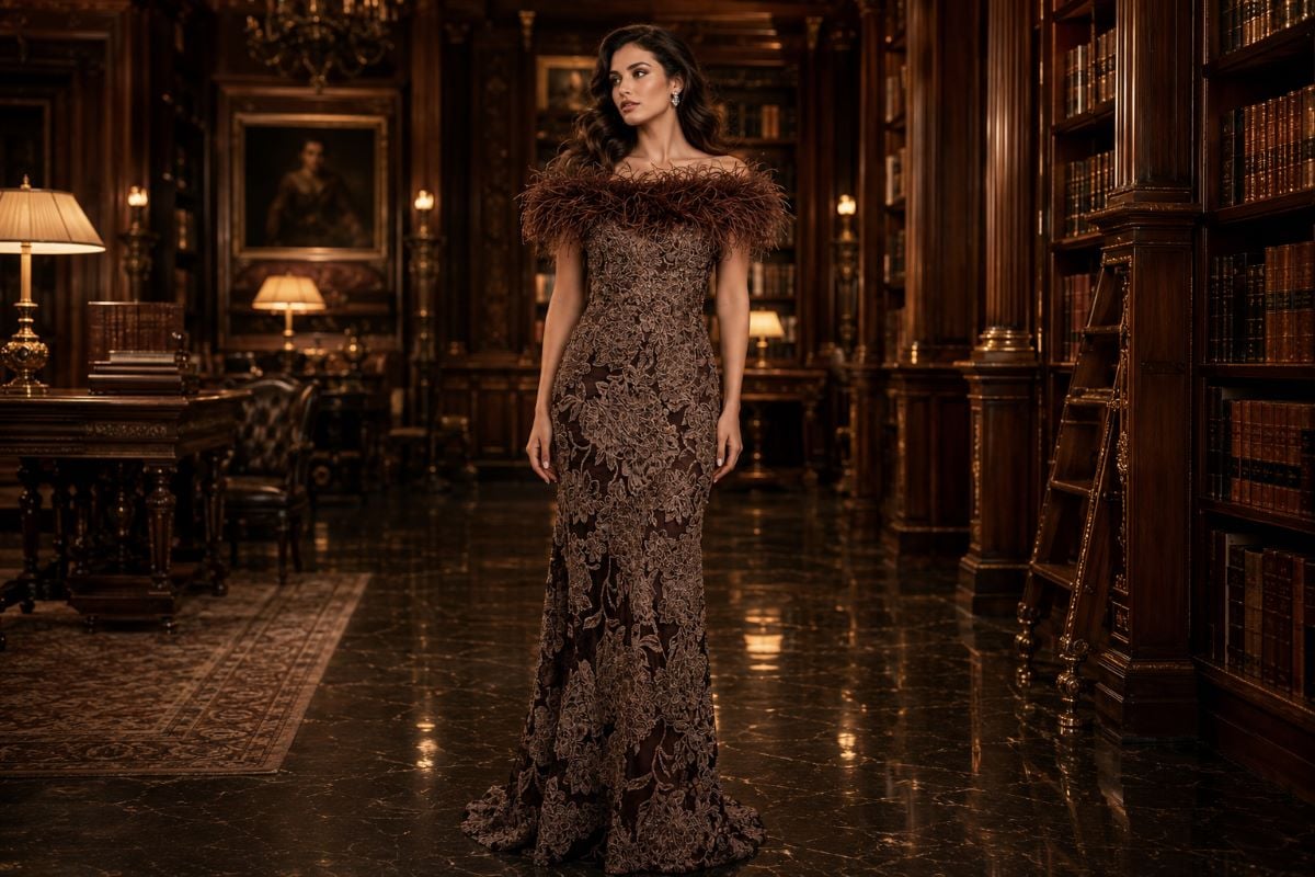 Brown embroidered modest evening gown with feather neckline