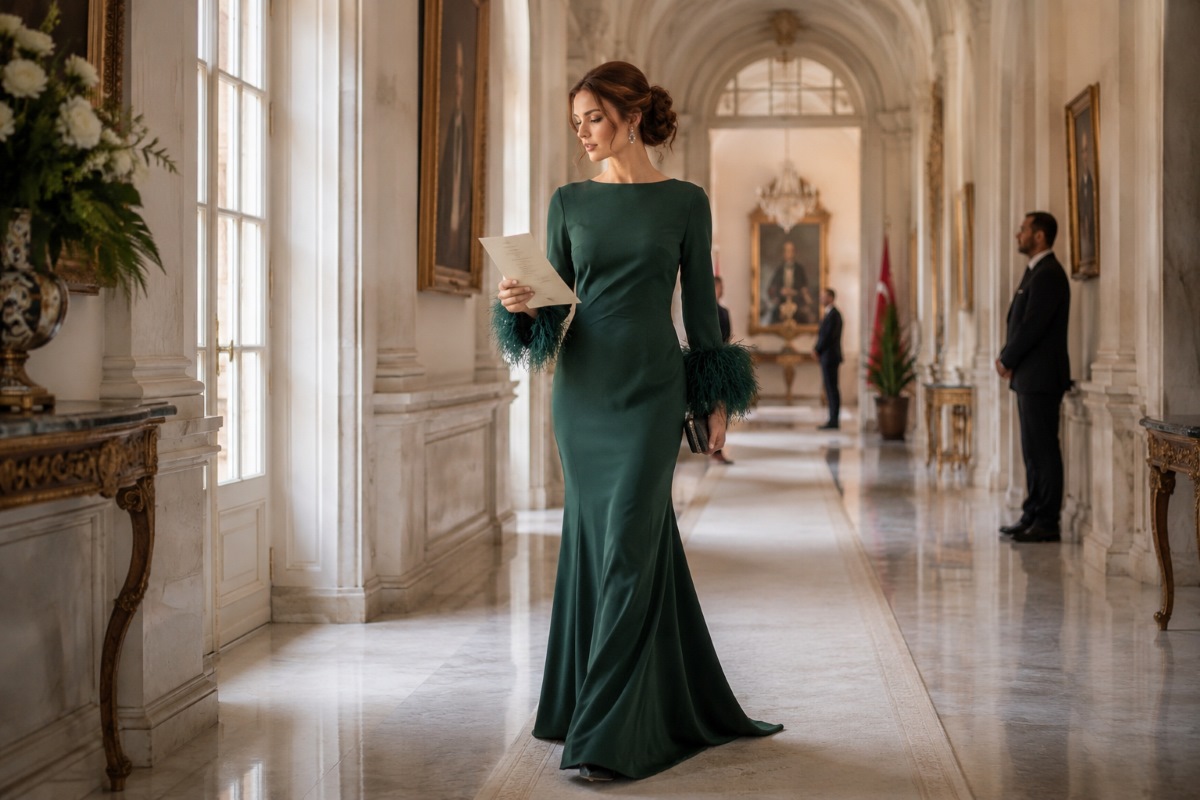 Emerald modest gown at embassy corridor