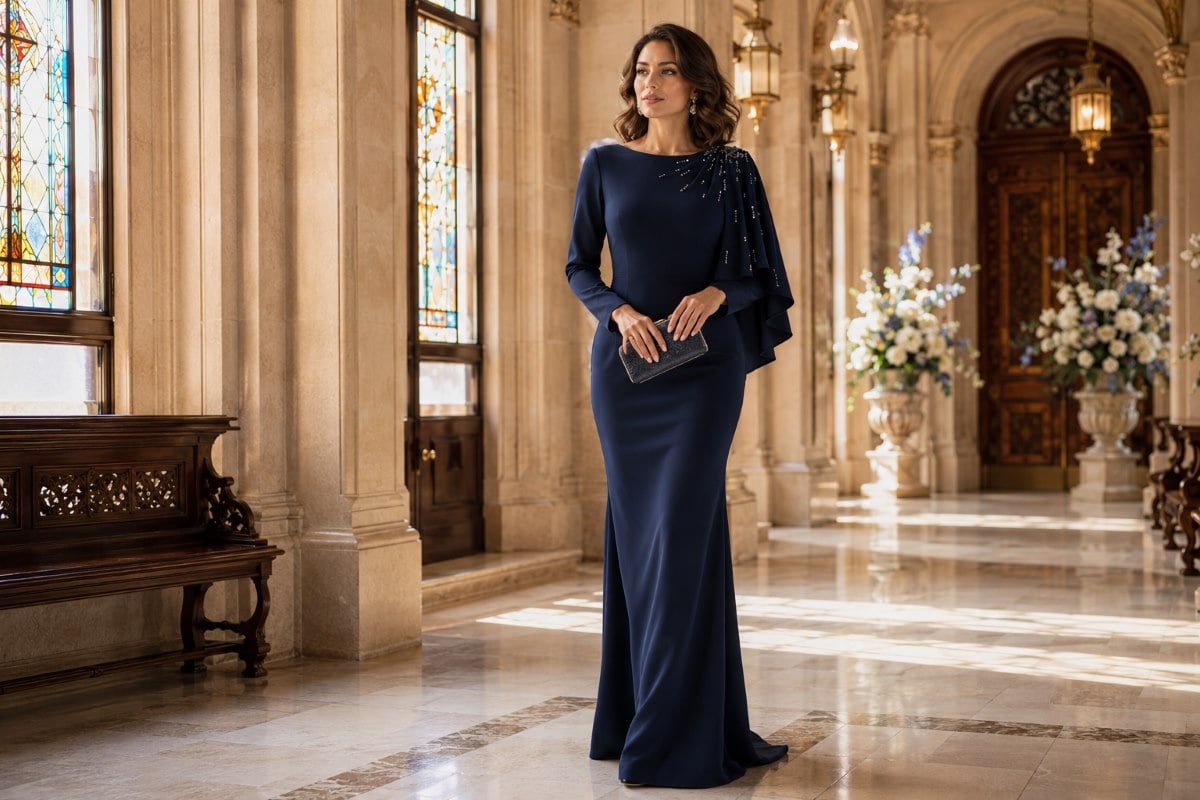 Modest navy mother of bat mitzvah gown
