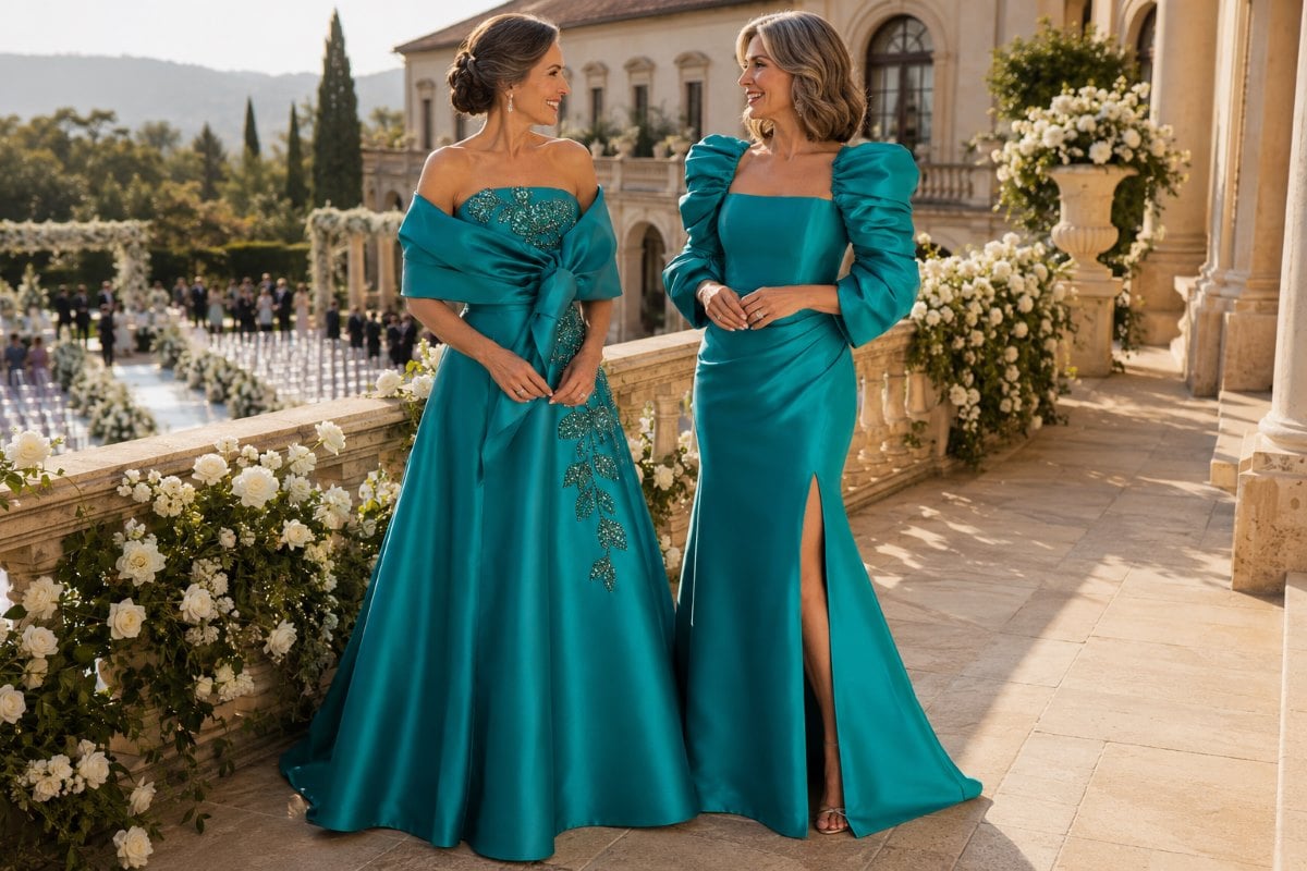 Coordinated mother bride groom formal gowns
