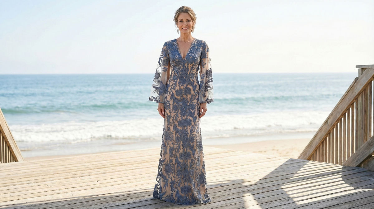 Elegant mother of the bride on a wooden beach deck, wearing a floor-length blue floral lace gown with sheer cape sleeves.