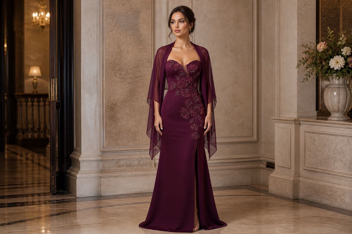 Fitted mother of the bride gown with beaded floral detail and chiffon shawl