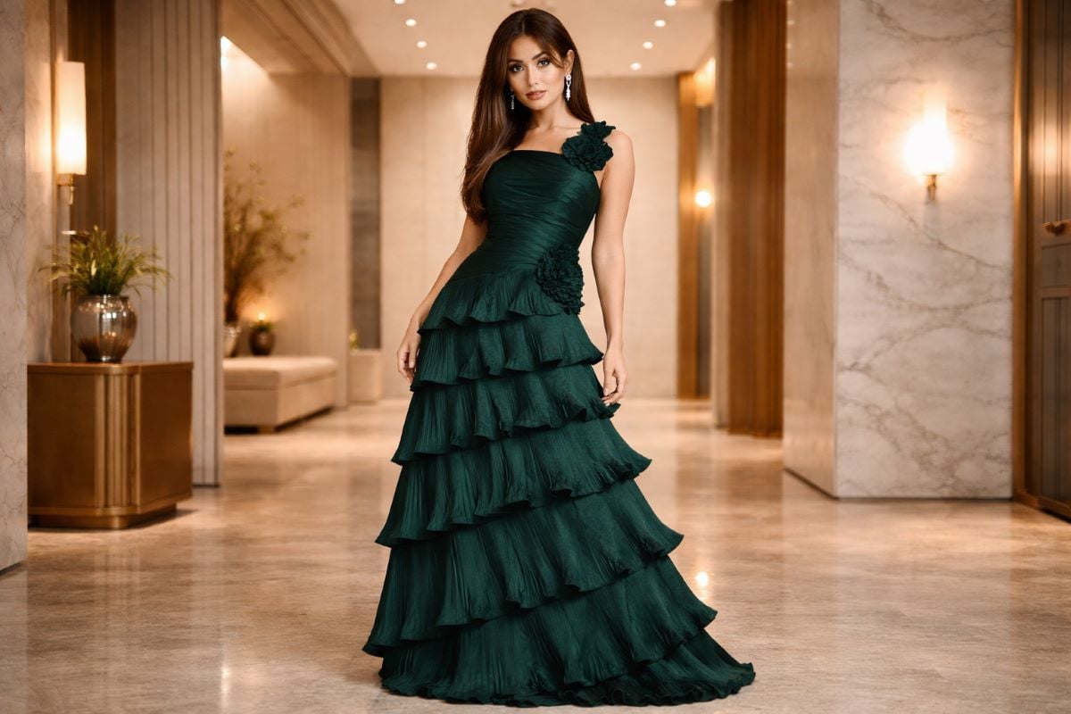 Woman in green asymmetric gown with layered skirt in luxurious interior