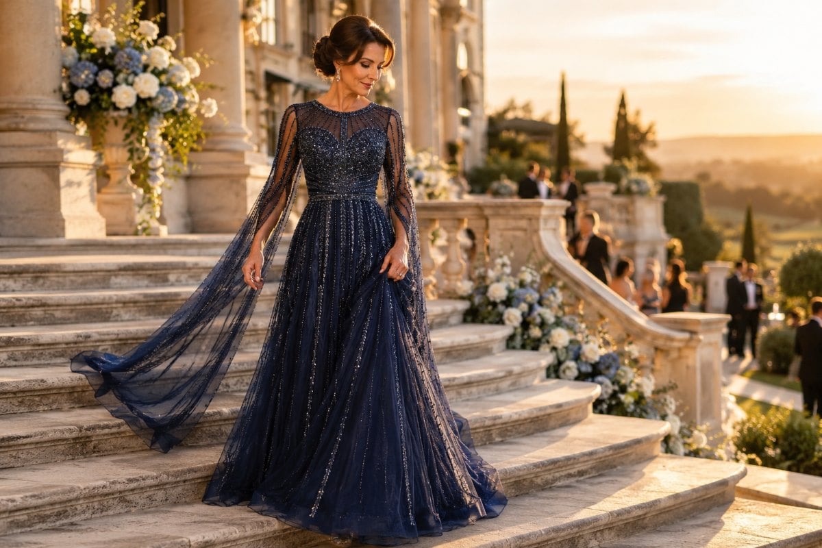 Elegant navy A-line mother wedding gown