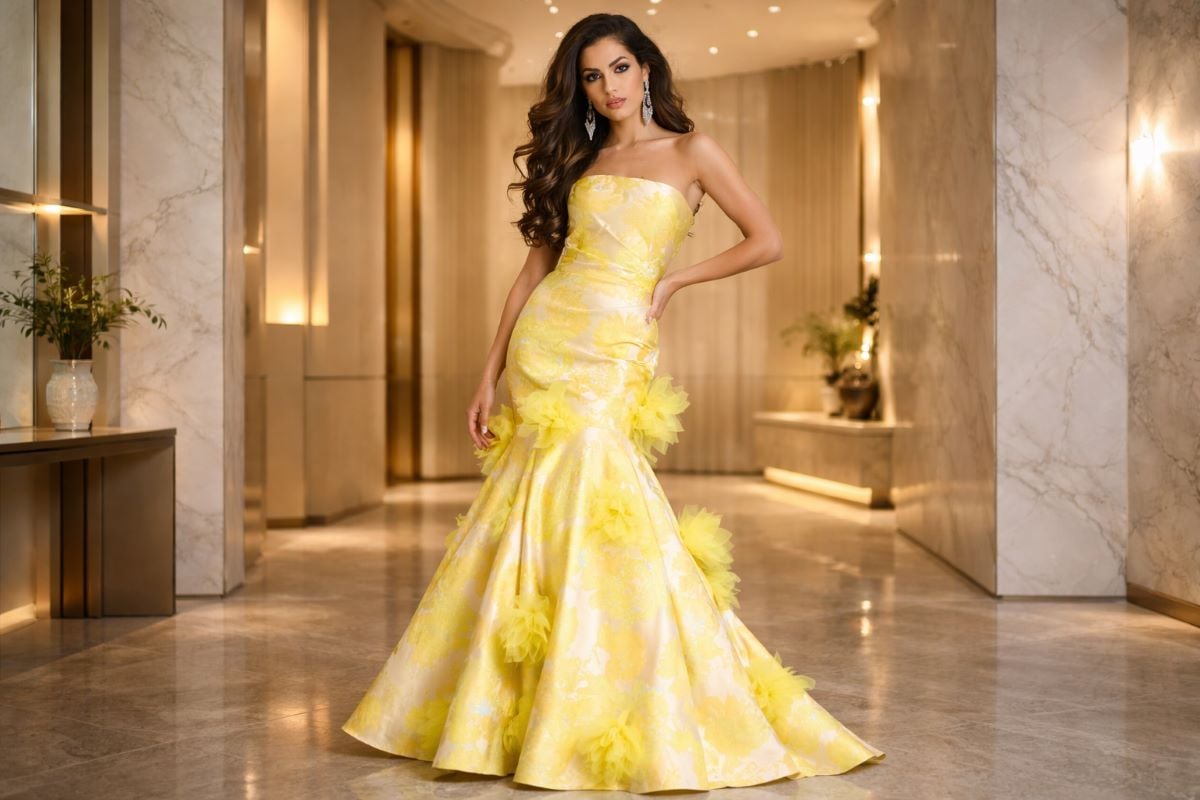 Young woman in strapless yellow floral gown in luxurious modern interior