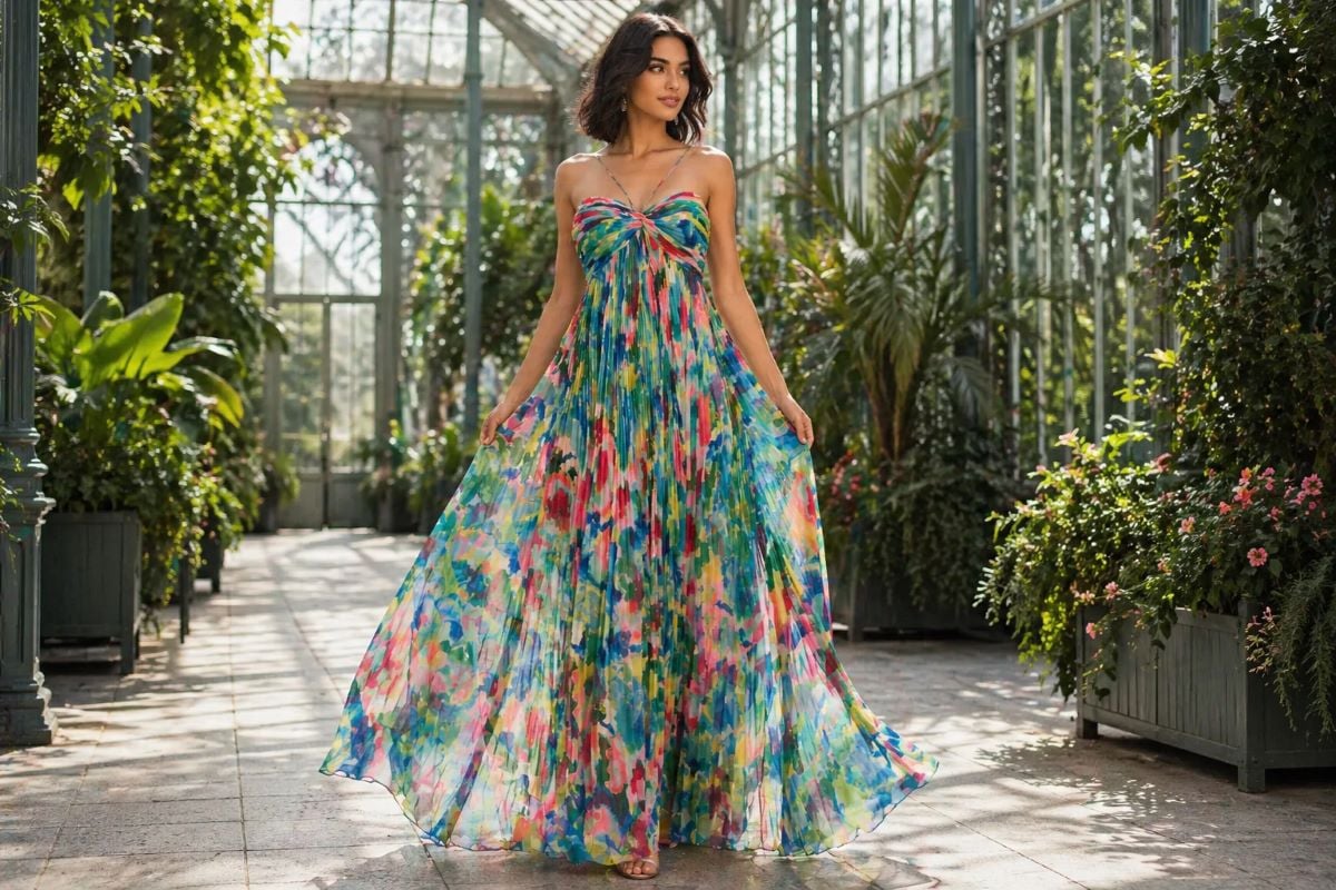 Multicolor chiffon prom dress with flowing pleated skirt
