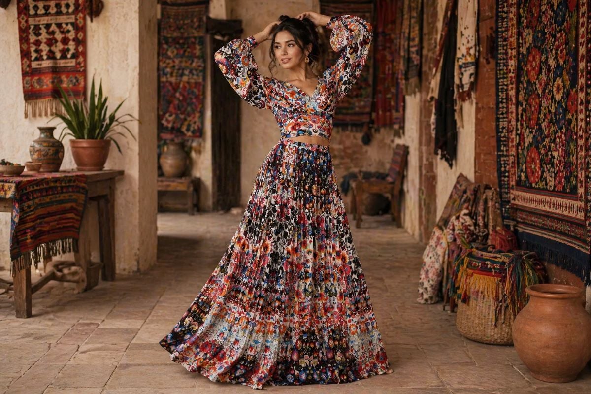 Multicolor floral printed long dress with flowing silhouette