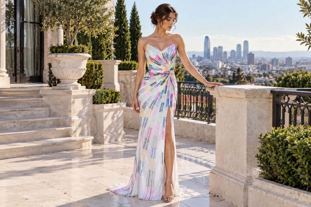Multicolor sequin white prom gown editorial