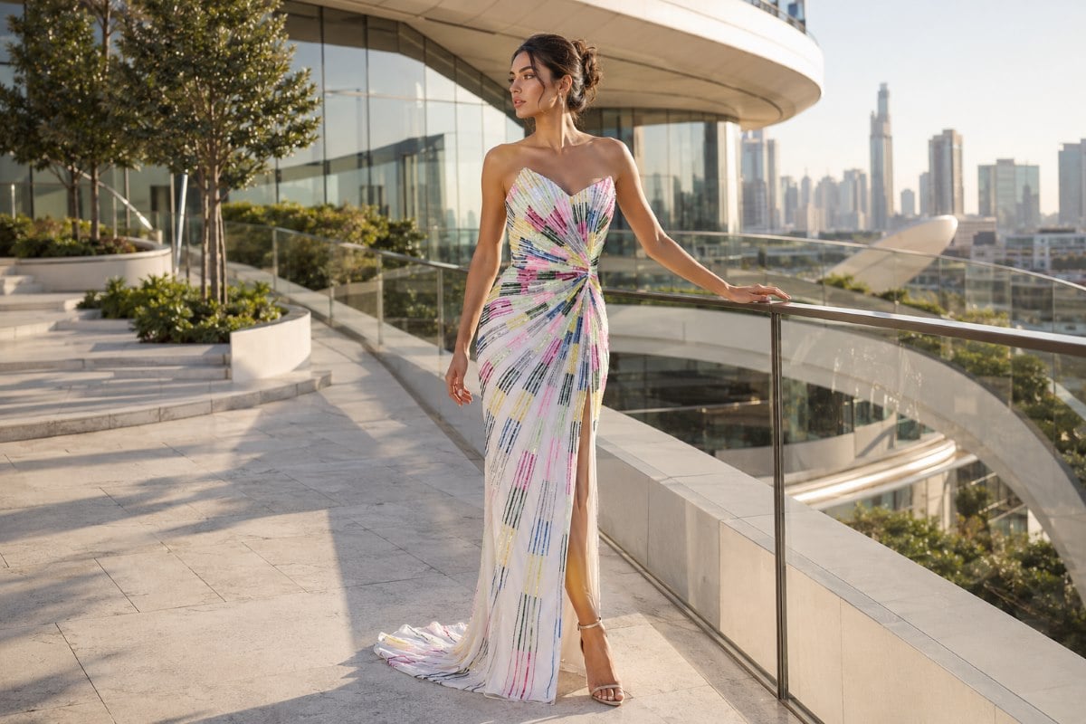 Multicolor embellished strapless column prom gown